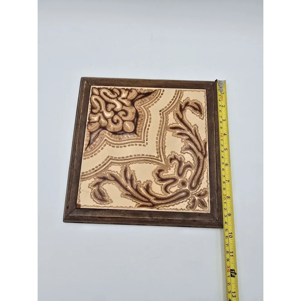 Vintage Framed Ceramic‎ Tile Made in Italy Brown Floral Scroll 9.25in